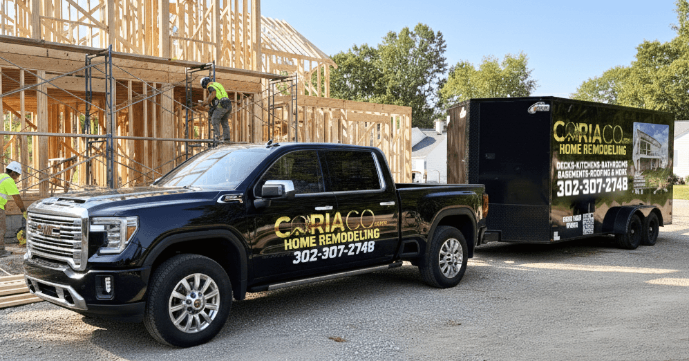 CoriaCo Home Remodeling team at work with company truck and trailer at construction site in Oxford PA
